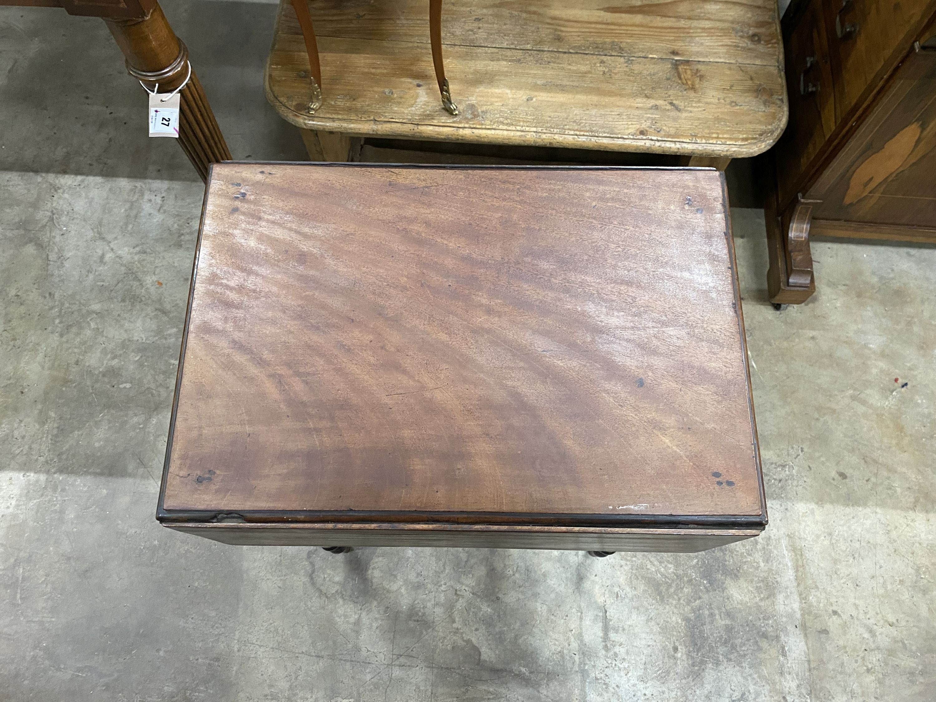 A Regency mahogany drop flap work table, width 50cm, depth 35cm, height 84cm